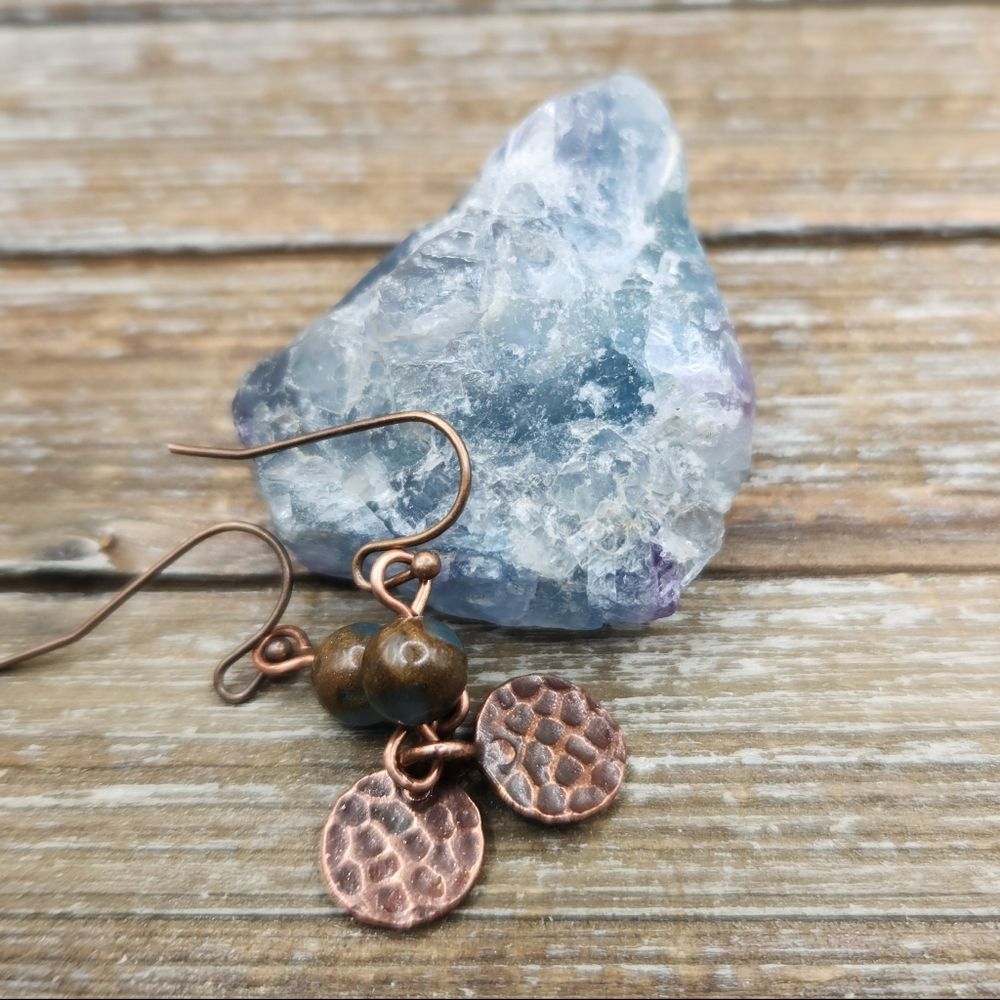 Teal Impression Jasper and Copper Drop Earrings
